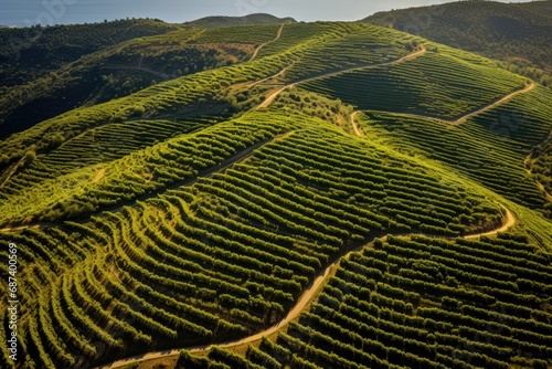 Aerial view of beautiful vineyard landscape in Greece.