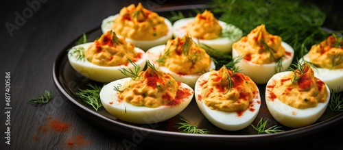 Spicy deviled eggs with paprika and dill, made at home. photo