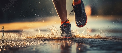 Runner splashing in rainy puddle.