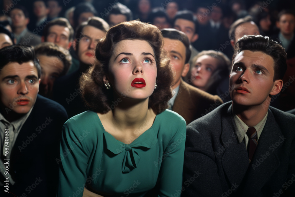 Movie audience with a young caucasian american woman central in the image, she looks mesmerised, vintage, 1950s style Movie audience with a young caucasian american woman central in the image, she looks mesmerised, vintage, 1950s style