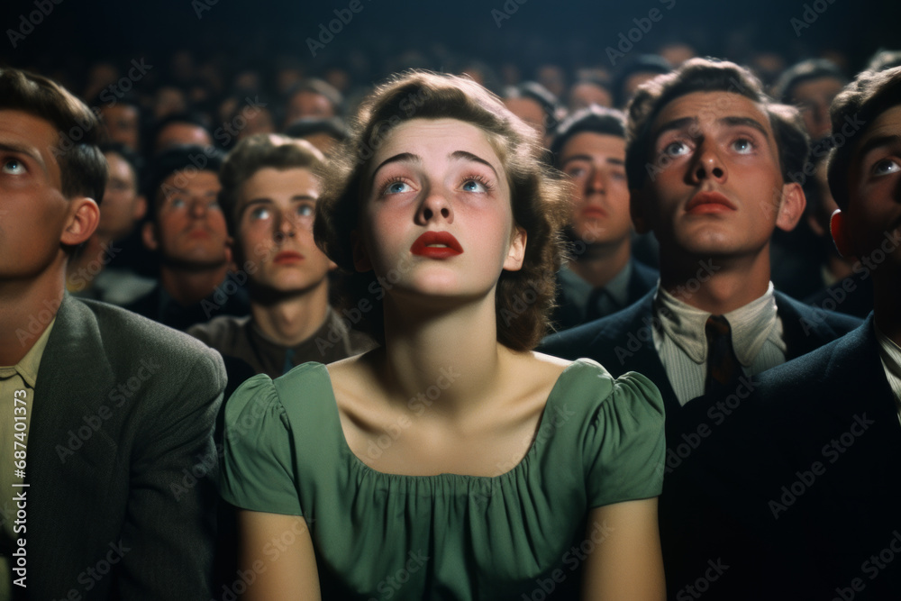 Obraz premium Movie audience with a young caucasian american woman central in the image, she looks mesmerised, vintage, 1950s style