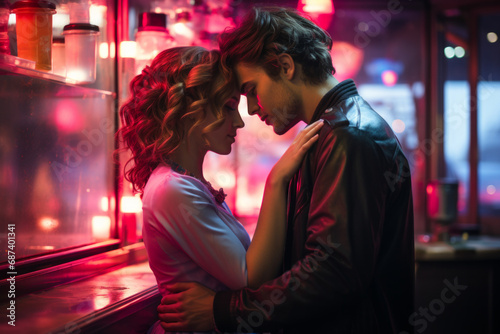 A young man and young woman touch foreheads together romantically, they are in an American diner at night with neon lighting and wearing vintage 1950s clothing photo