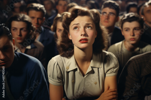 Movie audience with a young caucasian american woman central in the image, she looks mesmerised, vintage, 1950s style