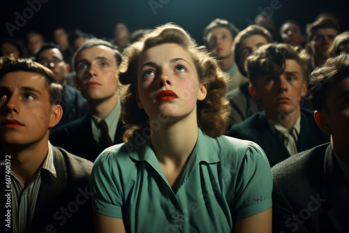 Movie audience with a young caucasian american woman central in the image, she looks mesmerised, vintage, 1950s style