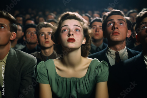 Movie audience with a young caucasian american woman central in the image, she looks mesmerised, vintage, 1950s style