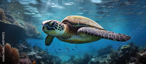 Underwater photo of a Green Sea Turtle diving after surfacing for air in Komodo National Park, Indonesia.