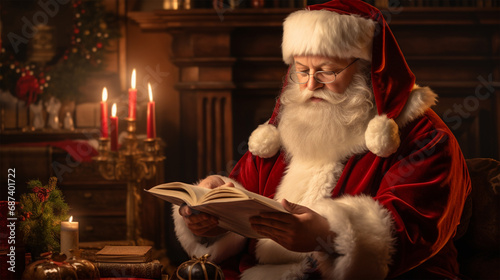 santa claus reading a book in the living room