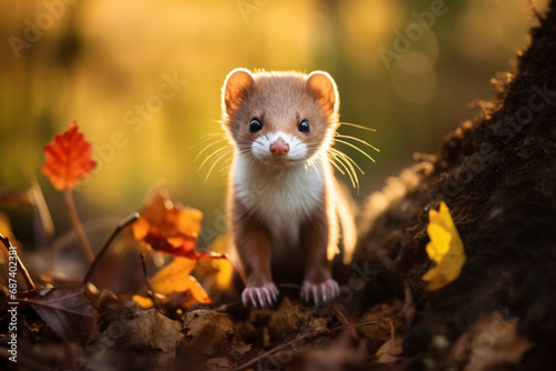 Cute small weasel in forest