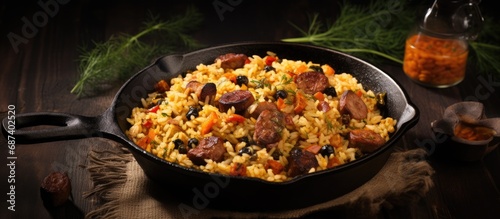 rustic style top view of pilaf cooked in a pig-iron frying pan with selective focus.