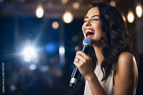 A woman singing on a song with a microphone.Karaoke night.Performance stage.Celebration party.