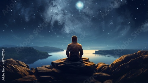 mystical night meditation: person on rock under milky way and moon, serene outdoor scene