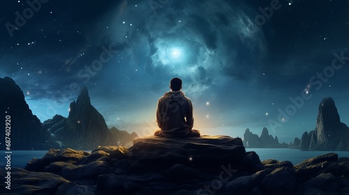 mystical night meditation: person on rock under milky way and moon, serene outdoor scene photo