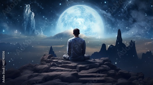 mystical night meditation: person on rock under milky way and moon, serene outdoor scene