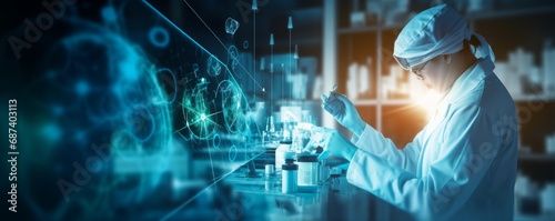 Scientists are experimenting Genetic research and Biotech science Human Biology and pharmaceutical technology on laboratory background. Medical science, Generative AI