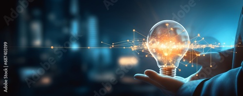 Digital marketing, Creative, New ideas and innovation for business growth, Light bulb shape and business icon with network connection, technology and digital data link on global, Generative AI photo