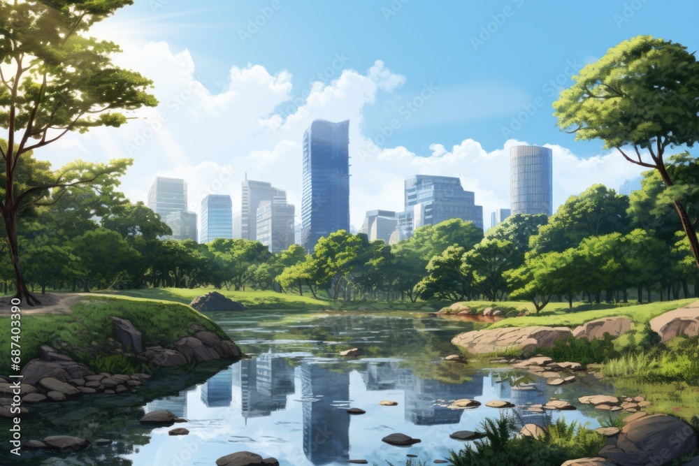 City panorama with skyscrapers, green trees and lake. skyline with green trees
