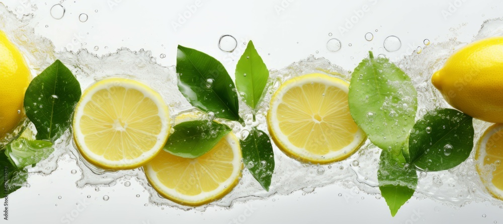 Sliced lemon flow in the water background. Generative AI technology. Sliced lemon flow in the water background. Generative AI technology.
