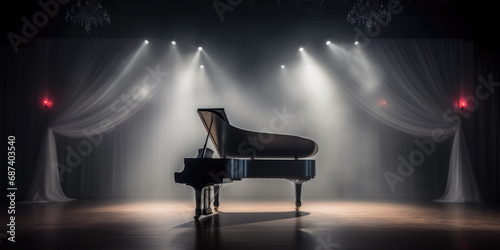 Grand Piano on Center Stage under Dramatic Spotlight