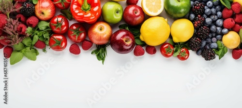 Fruits and vegetables background. Copy space for text. Generative AI technology. 