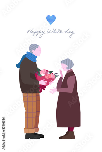ホワイトデーに花を贈る老夫婦のイラスト（ポストカード比率）