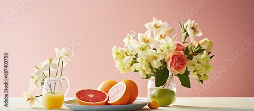 Cheerful breakfast setup with fruity pomelo and freesia bouquet.