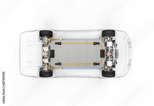 Electric car battery with pack of battery cells module on platform