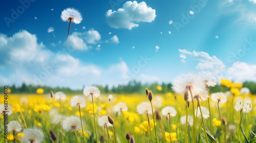 beautiful meadow flied with fresh grass and yellow Dandelion flowers .