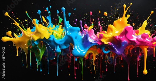 rainbow neon paint color splashes on a flat black background, vibrant colors