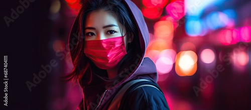 Asian woman, masked, illuminated by neon light, symbolizing coronavirus