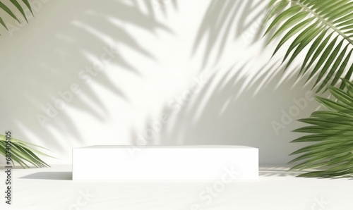 Blank minimal white counter podium, soft beautiful dappled sunlight, tropical palm foliage leaf shadow on wall for luxury hygiene organic cosmetic, skincare, beauty treatment product, Generative AI © Visual Horizon Art