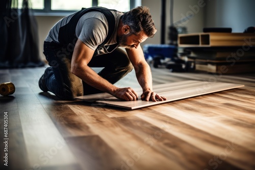 Professional builder lays laminate flooring at home photo
