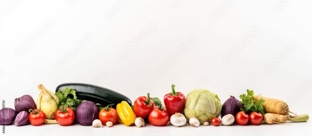 Assortment of veggies: potatoes, tomatoes, onions, cabbage, paprika, zucchini, eggplant. Isolated on white.