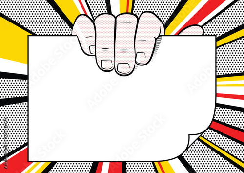 Male hand holding a blank sheet of paper on bright colorful background in pop art style