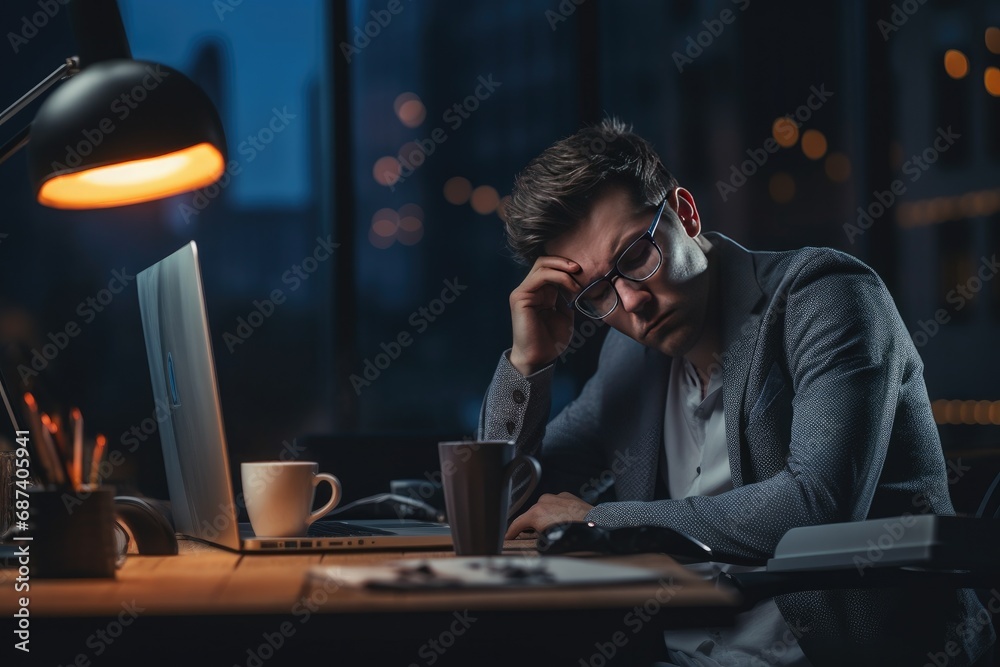 Tired businessman working late at office, job dedication and commitment. Tired businessman working late at office, job dedication and commitment.