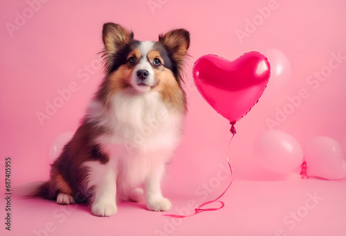 Adorable fluffy dog sitting next to a heart-shaped balloon on a pink background, conveying love and celebration.