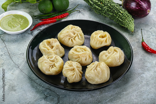 Nepali steamed dumplings  Momo with sause