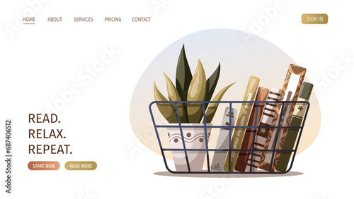 Web page with basket with books and potted plant. Bookstore, bookshop, book lover, reading, interior concept. Vector illustration for banner, website, promo.
