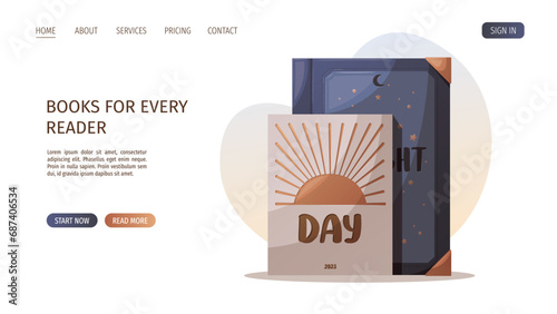 Web page design with standing books. Bookstore, bookshop, book lover, reading, interior concept. Vector illustration for website, banner, promo.