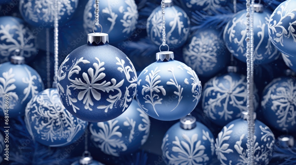 The background of Christmas balls is blue. Luxurious, beautiful jewelry. Festive atmosphere. The background of Christmas balls is blue. Luxurious, beautiful jewelry. Festive atmosphere.