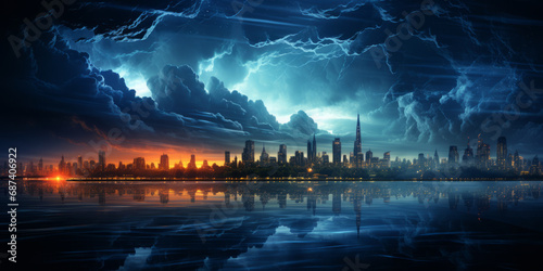 Lightning storm over city in blue light generative ai