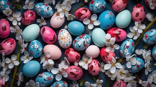 Colorful easter eggs on spring background. Generative AI