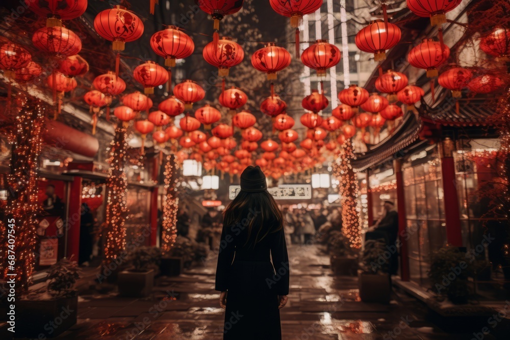 Celebration of chinese New Year: a silhouette of a woman standing view of the long street decorated with red magic lanterns, nagasaki lantern festival