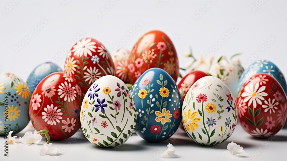 Fototapeta premium Colorful easter eggs with pattern,spring flowers, Generative AI