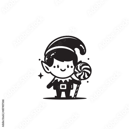 Christmas Elf Silhouette: Whimsical Elf Holding Sweet Treat Silhouette for Seasonal Designs and Decorations - Black Vector Elf with Candy 