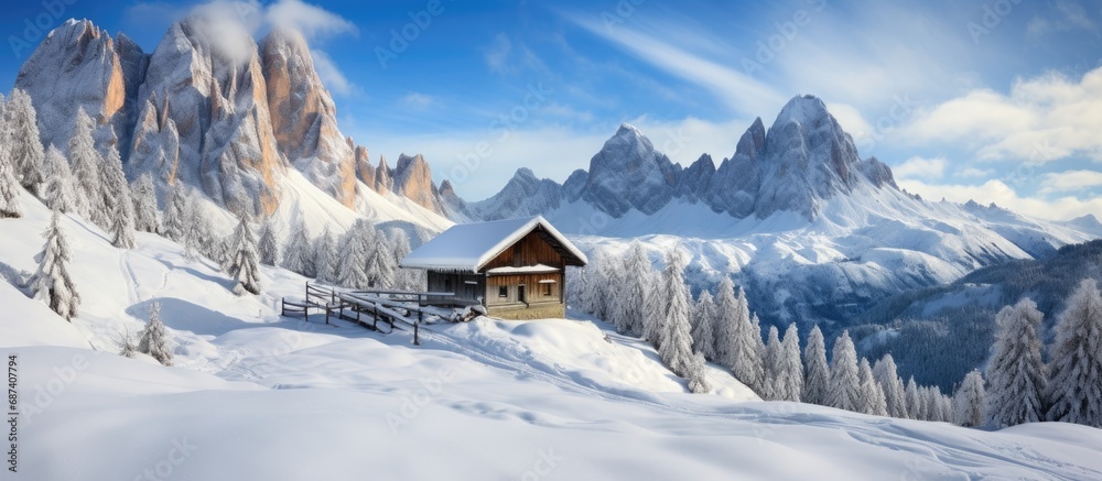 Italian Alps mountain chalets and Dolomites snowy landscape offer outdoor winter trekking trails.