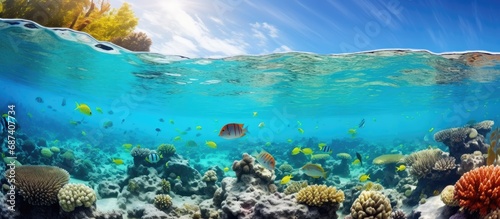 Underwater photography of shallow tropical sea with corals and fish. Coral reef, red fish, and snorkeling. photo