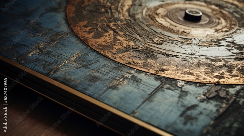 Aged Patina: A close-up image focusing on the album cover's details, 
