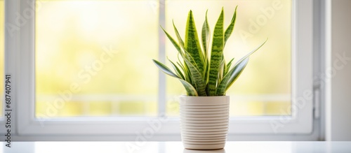 A snake plant displayed in a modern home or apartment window.