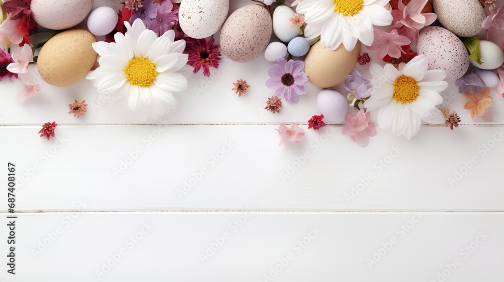 Easter Eggs with Flowers on White Wooden Background, Generative AI