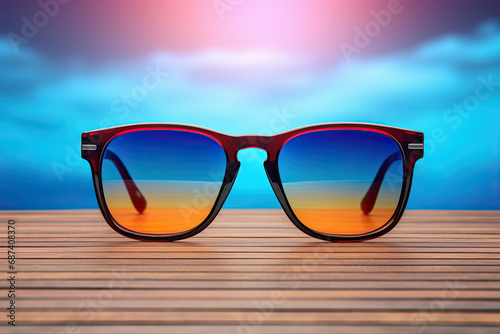 sunglasses sitting on table with blur background